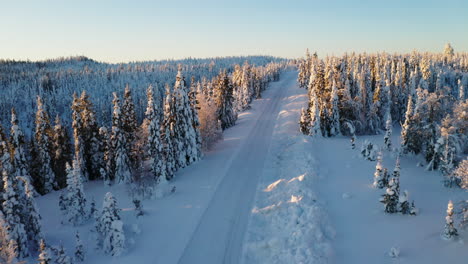 Aerial-view-sunrise-shining-over-peaceful-snow-covered-wintertime-rural-woodland-road-in-Sweden
