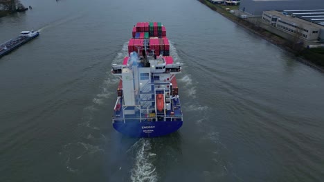 Aerial-View-Of-Barge-With-Intermodal-Cargo-Cruising-In-The-River-In-The-Dordrecht-Area