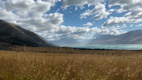 Dry,-windswept-plains-and-rugged-mountains-surrounding-vibrant-Lake-Ohau,-New-Zealand