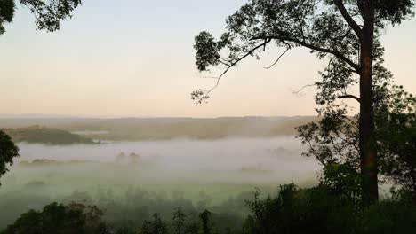 Timelapse-of-early-morning-mist-swirling-in-a-Valley