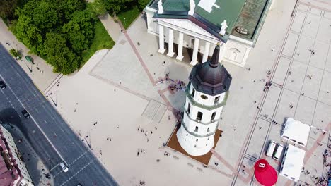 Cinematic-view-of-Vilnius-Cathedral-and-Bell-tower,-aerial-orbit-shot