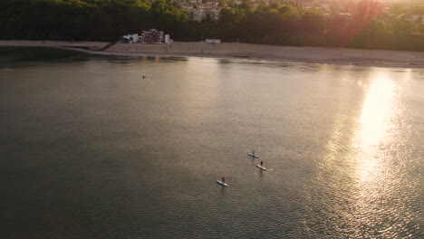 Drohnenaufnahme-Einer-Familie-Beim-Stand-Up-Paddle-Boarding-In-Einer-Ruhigen-Bucht-Bei-Goldenem-Sonnenuntergangslicht---Rückwärtsflug