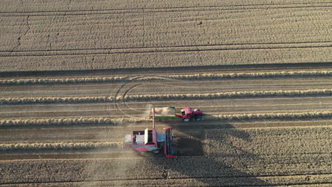 Aerial-View-of-Combine-Harvester-Transfering-Grain-to-Cart-Wagon-With-Tractor-in-Agricultural-Field,-Drone-Shot