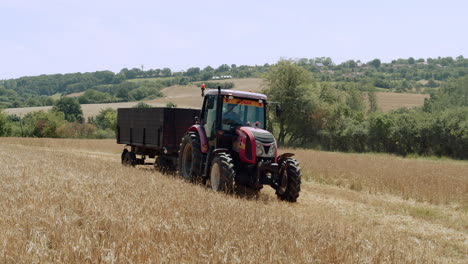 Ein-Traktor-Zieht-Während-Der-Ernte-Einen-Sattelauflieger-Durch-Ein-Getreidefeld