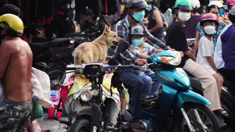 Busy-chaotic-street-in-Vietnam,-moped-traffic-and-people-walking-with-masks-during-covid-19-pandemic