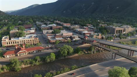 Aerial-view-of-the-Colorado-river-running-through-Glenwood-Springs,-Colorado