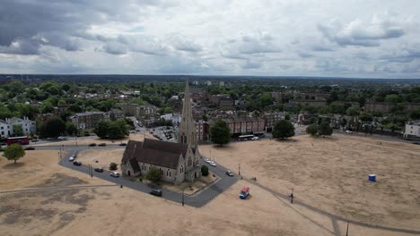 All-saints-church-Blackheath-London-UK-drone-aerial-view-in-summer-drought-2022