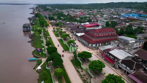 Pucallpa,-Perù---City-on-the-Amazon-River-jungle-rainforest---4k-HIgh-Resolution---Drone-fly-view-shot-from-above