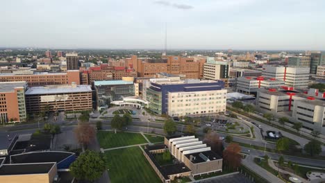Fast-forwarding-shot-of-Detroit-receiving-Hospital-at-the-Detroit-Medical-center-next-to-Children's-Hospital-in-Michigan