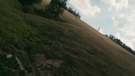 Aerial-cinematic-footage-from-FPV-racing-drone-of-a-sun-lit-meadow-during-a-summer-sunset