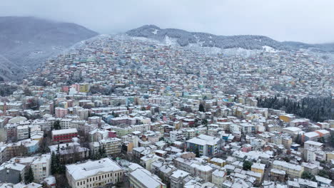 Panoramic-Aerial-View-Of-Densely-Structures-Of-Bursa-Cityscape-Under-Fresh-Snow-In-Turkey