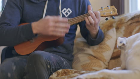 Medium-close-shot-of-a-man-with-painted-pants-and-his-dog-while-he-is-playing-ukulele