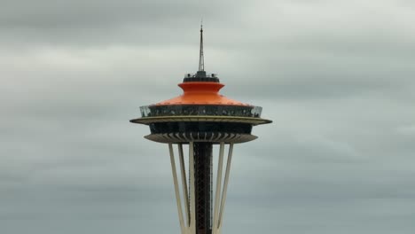 Tight-shot-of-Seattle's-famous-Space-Needle-on-an-overcast-day