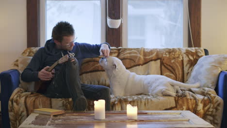 Ein-Mann-Sitzt-Mit-Seinem-Hund-Auf-Einer-Couch,-Spielt-Ukulele-Und-Streichelt-Seinen-Hund