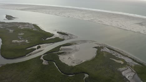 Sandy-Beach-Estuary-on-Coastline-of-Baja-California-Sur-in-Mexico,-Aerial