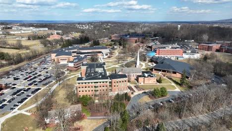High-aerial-shot-of-college-campus-in-America-in-winter