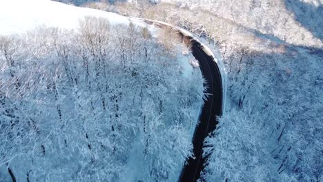 Top-down-drone-shot-of-a-mountain-road-surrounded-by-snowy-mountains-and-white-trees