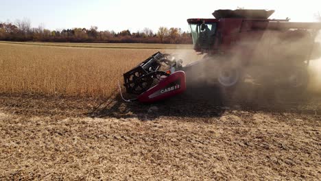 Soybean-harvesting-season-with-Case-8120-harvester-in-Monroe-County-Michigan,-USA