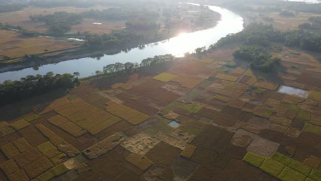 Volando-Hacia-El-Río-Surma-Cruzando-Arrozales-Y-Tierras-De-Cultivo-En-Bangladesh-Con-El-Sol-Reflejado-En-El-Agua