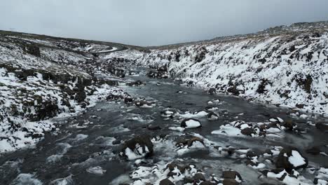 Rocky-Frozen-Tundra-Terrain-on-Snowy-River-in-Iceland,-Moody-Aerial