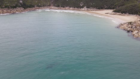 Drone-aerial-pan-up-over-beautiful-blue-water-and-white-rocks-on-a-sunny-day-in-Wilsons-Promontory