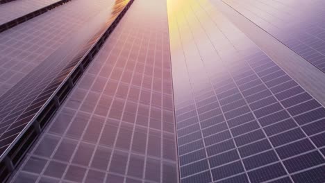 Photovoltaic-solar-panels-on-greenhouse-roofs,-aerial-drone-view,-sunset