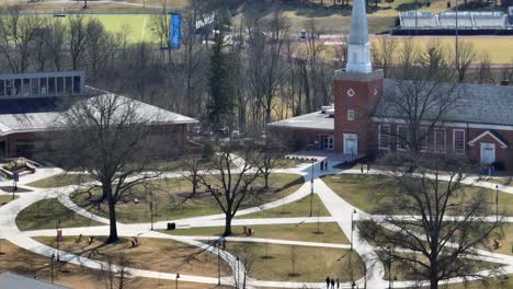 Long-aerial-zoom-of-walking-paths-and-chapel-on-Christian-University-in-America
