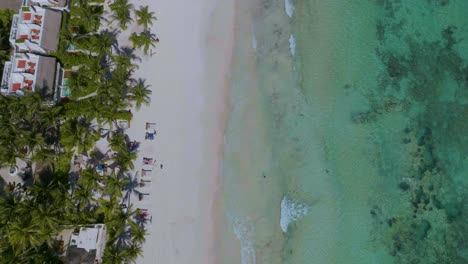 Top-Down-Aerial-of-Tropical-White-Sand-Beach-of-Tulum,-Mexico---Carefree-Concept