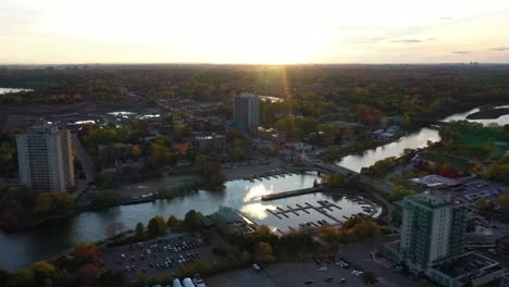 Drone-flying-over-Mississauga-harbor-at-sunrise
