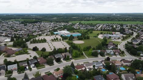 Aerial-shot-of-a-Cambridge,-Ontario-neighborhood-on-an-overcast-day