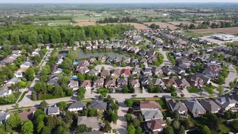 Aerial-shot-flying-away-from-a-sunny-Guelph-suburb