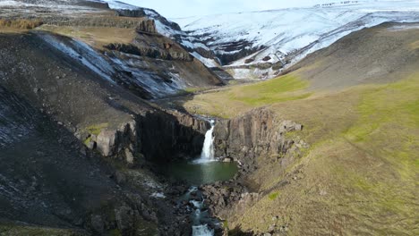 Picturesque-Iceland-Waterfall-off-Canyon-Cliff,-Aerial-with-No-People