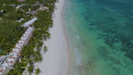 Tropical-White-Sand-Beach-Coastline-of-Tulum,-Mexico---Aerial