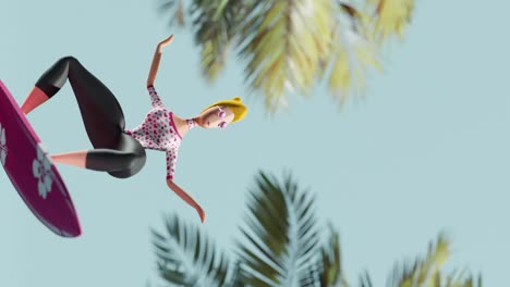 Woman-in-sunglasses-surfing-by-palm-trees,-vertical-motion-graphics