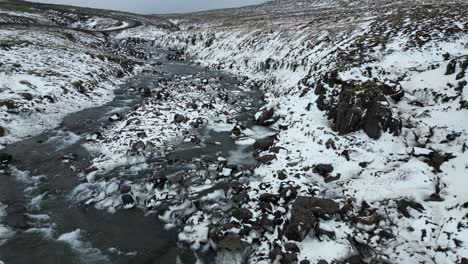 Río-Glacial-En-El-Paisaje-De-Tundra-Nevada-Congelada-En-Islandia,-Antena-Cinematográfica
