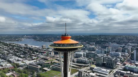 Medium-aerial-shot-of-the-Space-Needle-on-a-bright-summer-day-in-Washington
