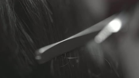 -Macro-Shot-Of-Hairdresser-Cutting-Mans-Hair-With-Scissors