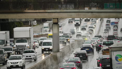 A-Wide-Shot-of-Heavy-Traffic-in-the-Rain-in-Los-Angeles