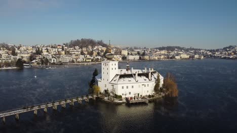 Schloss-Ort-Castle-In-Gmunden,-Austria-On-Lake-Traunsee---Aerial-Orbit