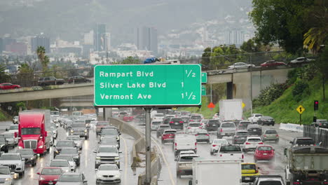 A-Wide-Shot-of-Heavy-Traffic-in-the-Rain-on-the-101-Freeway-in-Los-Angeles-with-A-Traffic-Sign
