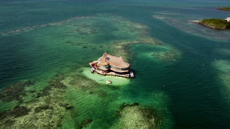 Aerial-view-of-a-Tropical-Caribbean-Hostel-in-the-ocean-in-Cartagena,-Colombia