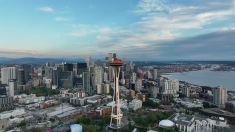 Wide-centered-shot-of-the-Seattle-Space-Needle-standing-tall-over-Seattle's-downtown-area
