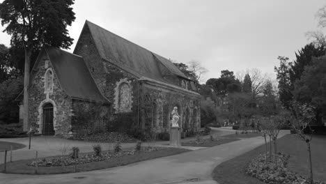 Church-Saint-Samson-In-Jardin-des-plantes-d'Angers-Botanical-Garden-In-France---black-and-white