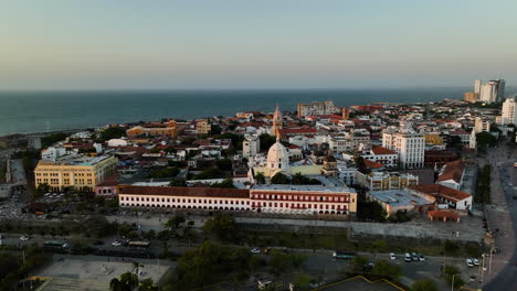 Aerial-view-over-the-cityscape-of-Centro-district,-sunset-in-Cartagena,-Colombia
