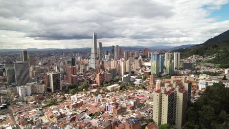 Aerial---Flying-over-square-La-Candelaria,-Bogotá,-Colombia