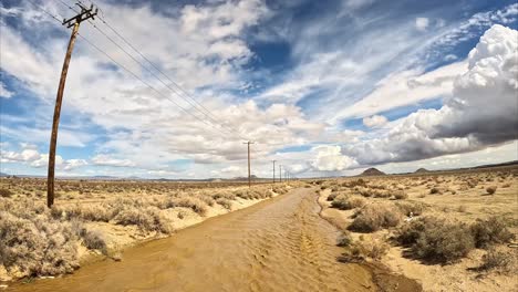 Water-from-unseasonably-heavy-rains-fills-the-usually-dry-Cache-Creek,-Mojave-Desert-riverbed---aerial-flyover