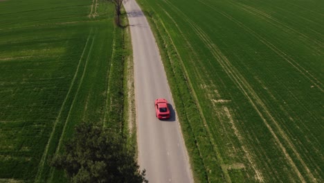 Cinematic-drone-shot-of-an-orange-Ford-Mustang-GT-driving-down-a-straight-road-surrounded-by-green-fields