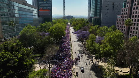 Drone-shot-over-people-marching-on-International-Women's-Day,-spring-day-in-Mexico-city