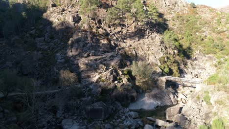 Aerial-Shot-Of-River-Rocks-And-Trees