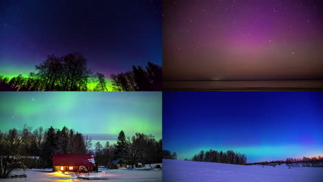 Fliegende-Sterne-Und-Grüne-Polarlichter-Am-Himmel-In-Der-Arktis-Während-Der-Feiertage,-Zeitraffer